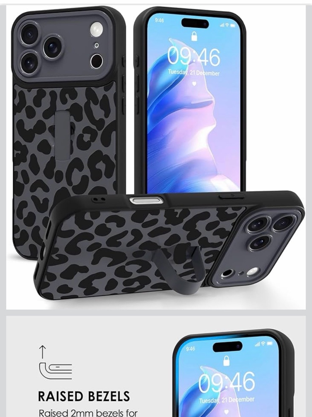iPhone 17 Black Leopard Print Phone Case with Built-In Kickstand - Picture 5 of 7
